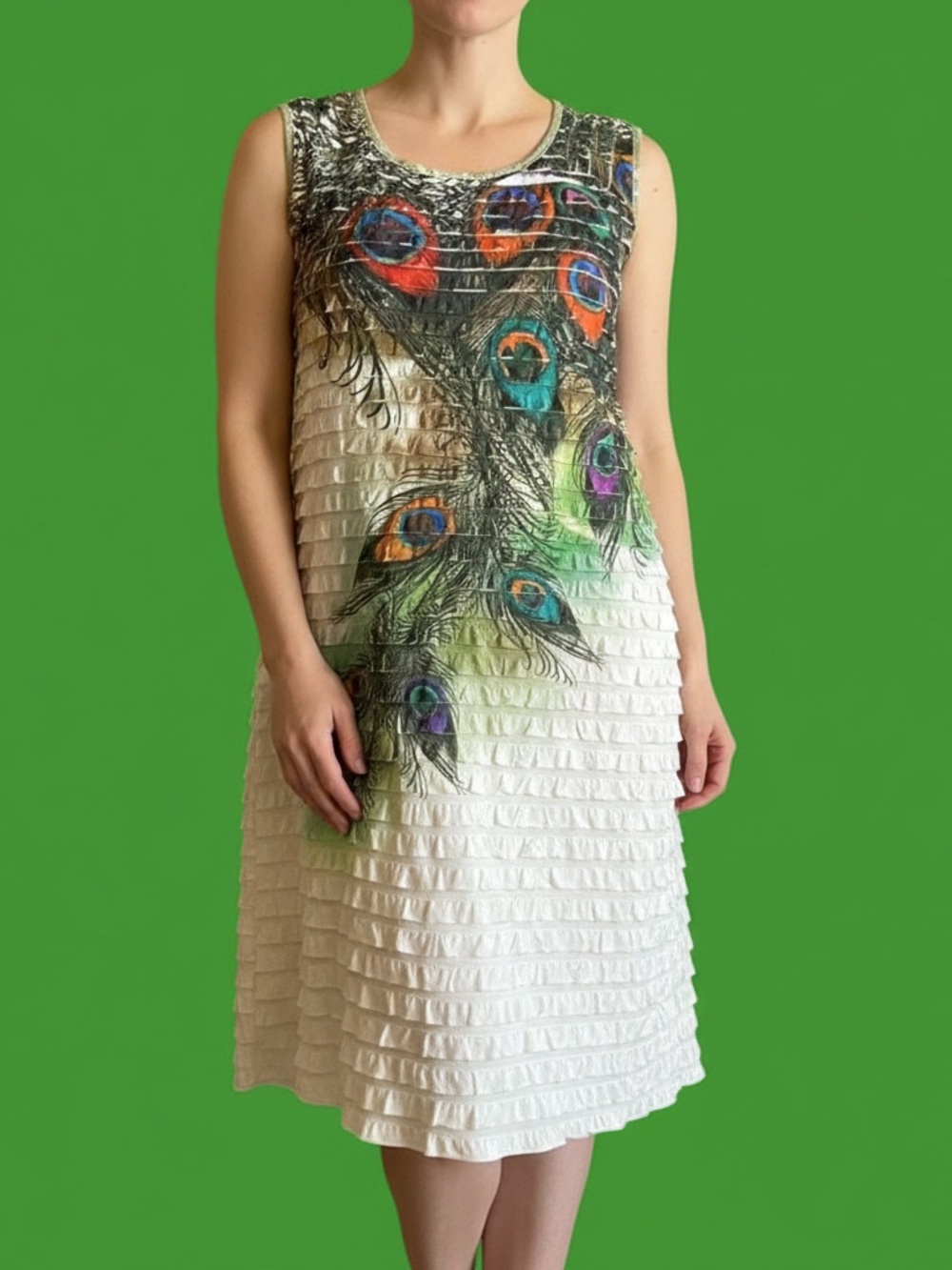 M Heart M Petite white peacock print ruffle Dress size PXL stretch spandex lined
